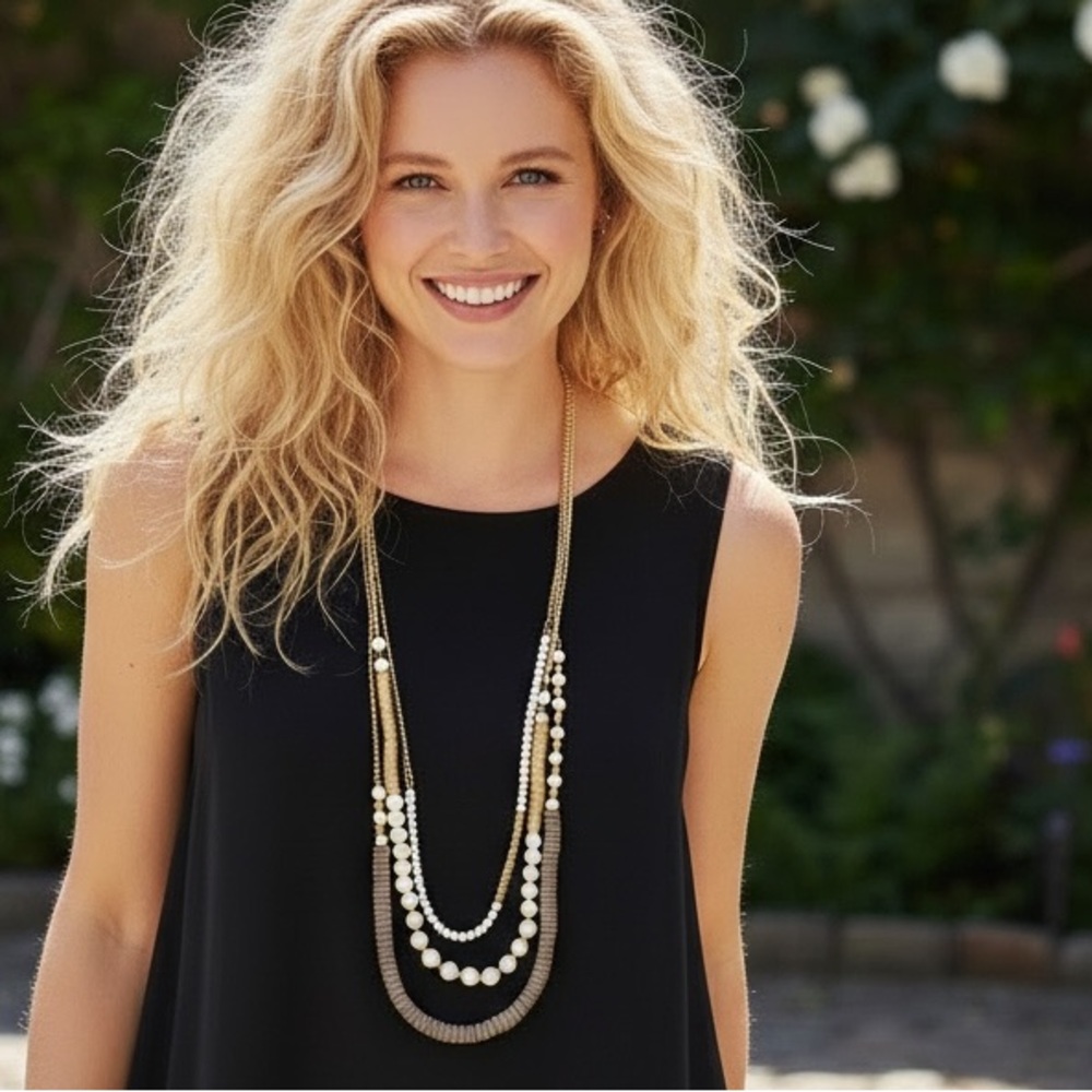 NWT LOFT Gold & Ivory‎ Bead Multi-Strand (3) Necklace Set (3) Spring Summer